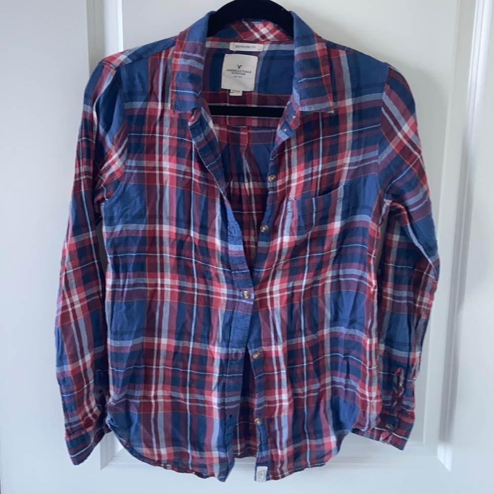 American Eagle Red White & Blue Plaid Long Sleeve Button Up Top Size Small